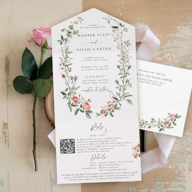 Havsfärg Ro Vines Bird Garden Elegant bröllop (watercolor wedding invitation french countryside cottage barn backyard all one rustic roses bird)