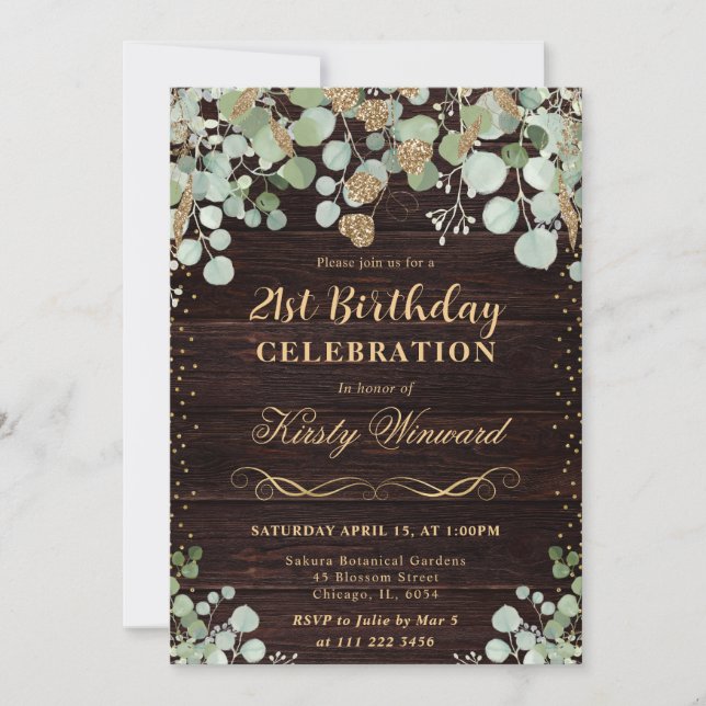 Havsfärg Rustic Eucalyptus Guld Glitter födelsedag Inbjudningar (Framsida)