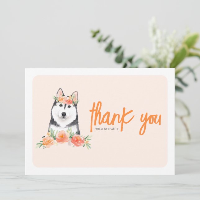 Havsfärg Siberian husky Peach Flowers Birthday Tack Kort (Stående Fram)