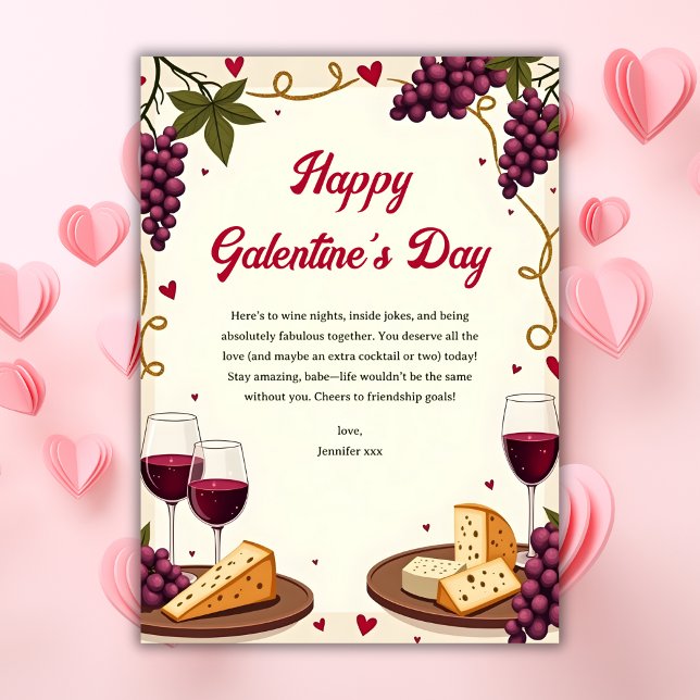 Havsfärgad Charming Vin & Cheese Galentine's Day Julkort (Watercolor Charming Wine & Cheese Galentine’s Day Holiday Card)