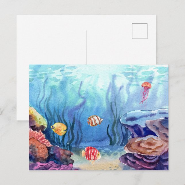 Havsfärgad marin havslevande korall och fisk vykort (Fram/baksida)