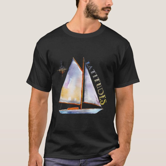 Havsfärgad segelbåt med kompass och Latitude Sai T Shirt (Framsida)
