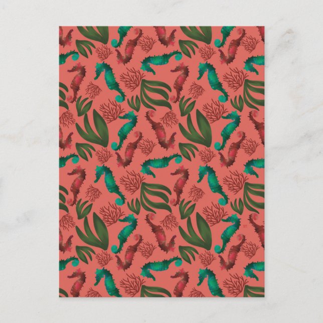 Havsfärgad sjöhäst Coral Nautical Mönster Vykort (Framsida)