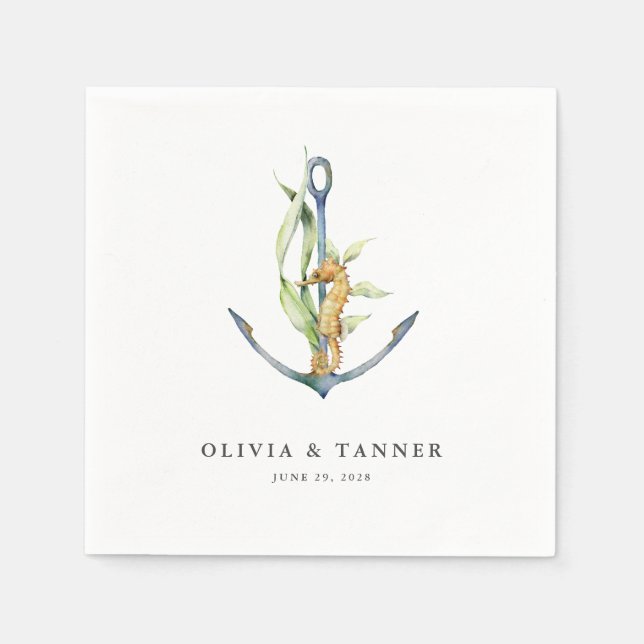 Havsfärgad sjöhäst och Anchor Nautical Bröllop Pappersservett (Framsidan)