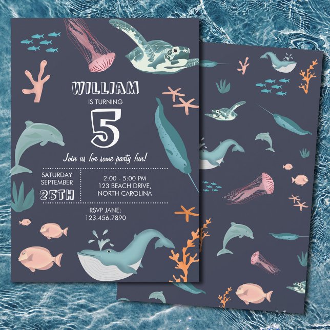 Havsfärgade havsdjur Blåfödelsedag Inbjudningar (Watercolor Ocean Sea Animals Blue Birthday Invitation)