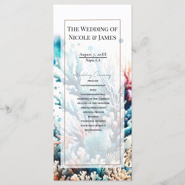 Havsfärgat Bröllopsprogram av korallvattenfärg i S Program (Framsida)