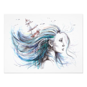 Havsflicka Nautical Surreal Watercolor art Fototryck