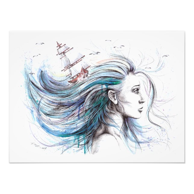 Havsflicka Nautical Surreal Watercolor art Fototryck (Framsidan)
