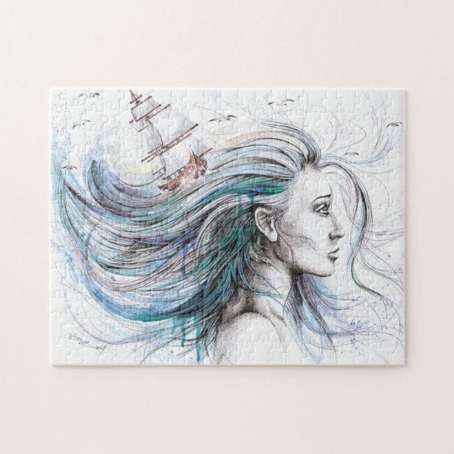 Havsflicka Nautical Surreal Watercolor art Pussel (Horisontell)