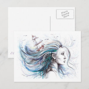 Havsflicka Nautical Surreal Watercolor art Vykort