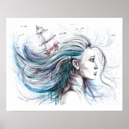 Havsflicka Nautisk Surrealistisk Målning konst Poster