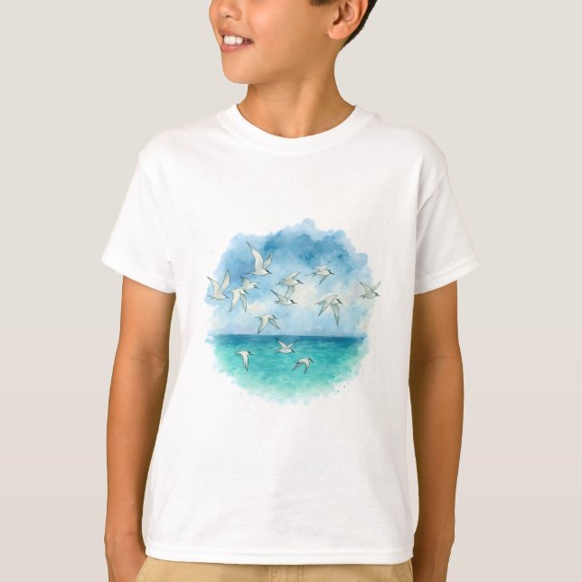 Havsflygning - vattenfärgsfartyg Terns över turkos T Shirt (Framsida)