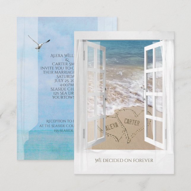 Havsfönstervy med strandhjärtan bröllop inbjudningar (Fram/baksida)