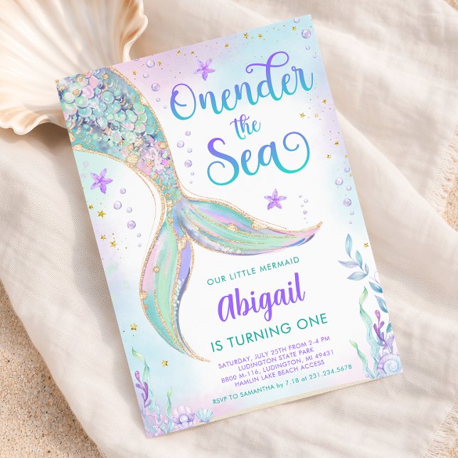 Havsfru 1-års födelsedagsinbjudan inbjudningar (Oneder the Sea Mermaid 1st Birthday Invitation
)