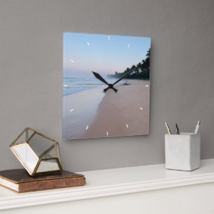 Havsglas och Beach Wood Nautical - Blue Teal Larg Fyrkantig Klocka