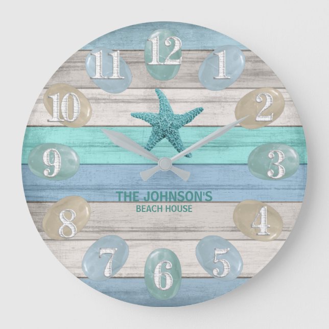 Havsglas och Beach Wood Nautical - Blue Teal Stor Klocka (Framsida)