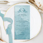 Havsglasblått vattenfärg Monogrammed Bröllop Menu Meny<br><div class="desc">Önska dina gäster med denna vackra vattenfärgsmeny av havsglas i monogram bröllop, med ett handritat botaniskt monogram med parets initialer över en exquisit vattenfärg som tvättar bakgrund i en vacker blandning av vattenblått och turkosa tealnyer. Du kan enkelt fylla i mallen med information och meny och sedan beställa utskrifterna! En...</div>