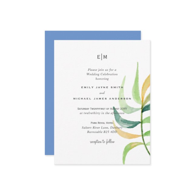 Havsglasets Grönt Blue Tropical Löv Bröllop (Fram/Back In Situ)