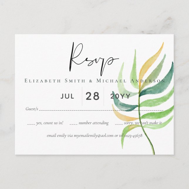 Havsglasets Grönt Blue Tropical Löv Bröllop Vykort (Framsida)