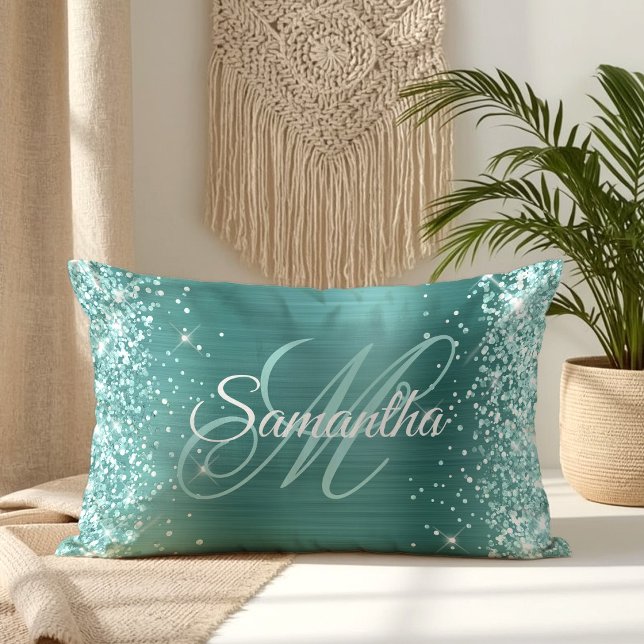 Havsgrön Glitter Aqua Teal Folie Fancy Monogram Lumbarkudde (Sea Green Glitter Aqua Teal Foil Fancy Monogram Lumbar Pillow)