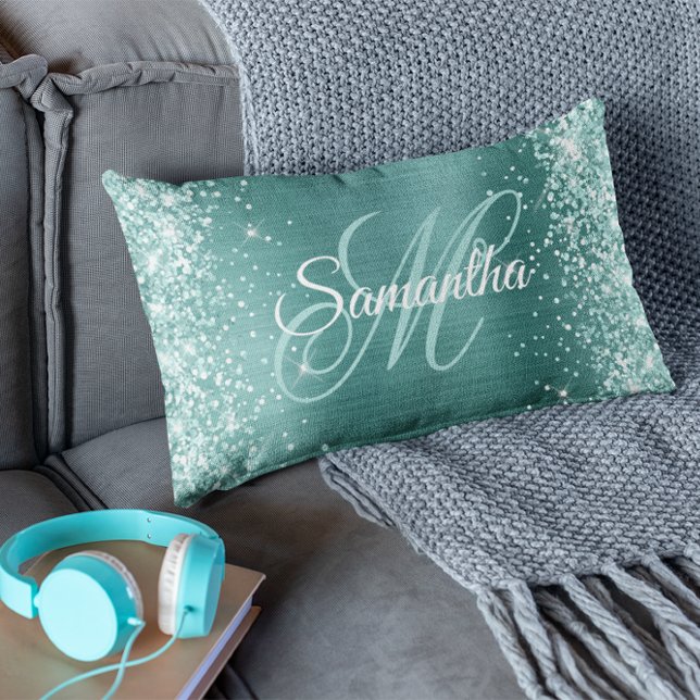 Havsgrön Glitter Aqua Teal Folie Fancy Monogram Lumbarkudde (Skapare uppladdad)