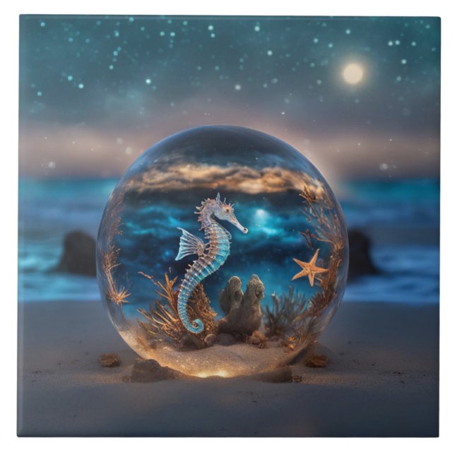 Havshäst och stjärtfenad Fantasy Beach Kakelplatta (Framsidan)