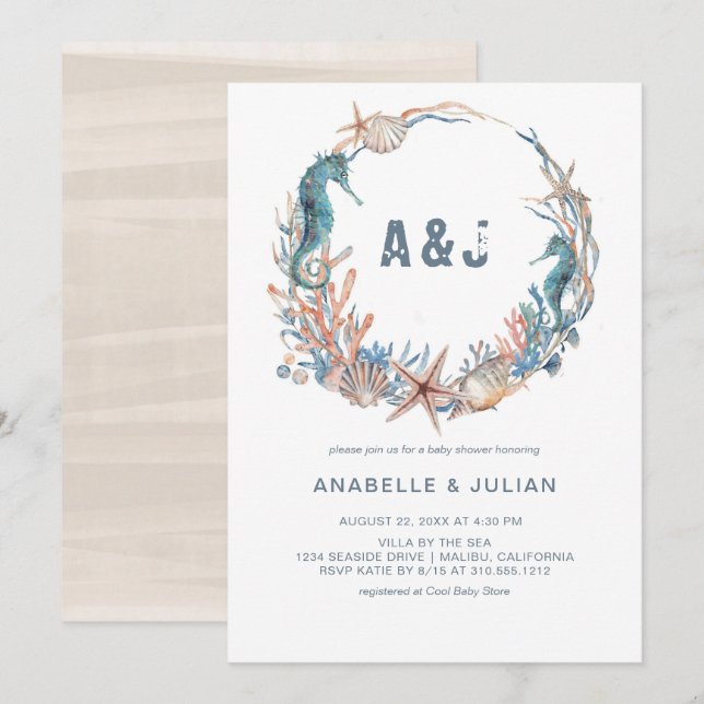 Havskrans | Rustik strandmonogram babyshower Inbjudningar (Fram/baksida)