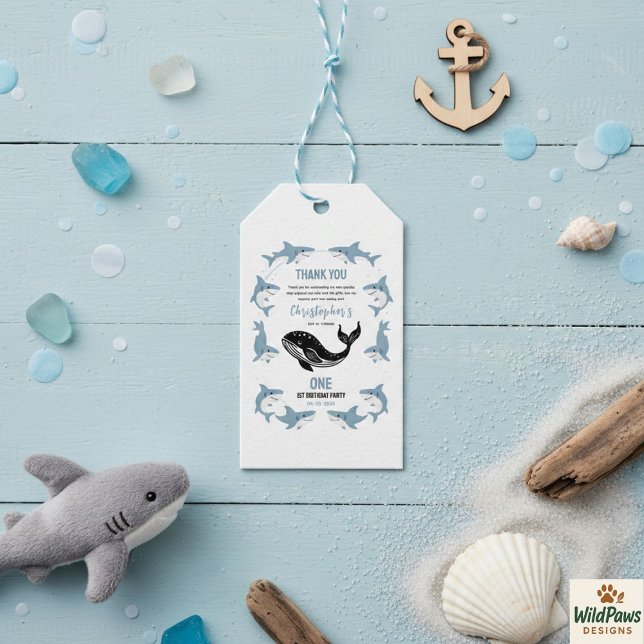 Havslevande djur Haj 1-års födelsedag | Under have Presentetikett (Sea Animals Shark 1st Birthday | Under the Sea Gift Tags
)