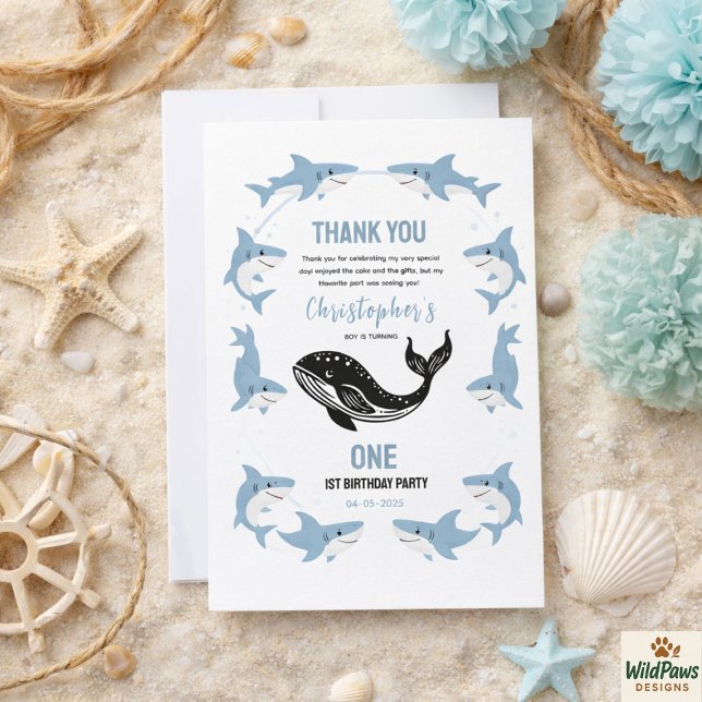 Havslevande djur Haj 1-års födelsedag | Under have Tack Kort (Sea Animals Shark 1st Birthday | Under the Sea Thank You Card
)