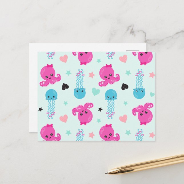 Havslevande djur, Havsliv, Bläckfisk, Maneter, Hjä Vykort (Fram/Back In Situ)