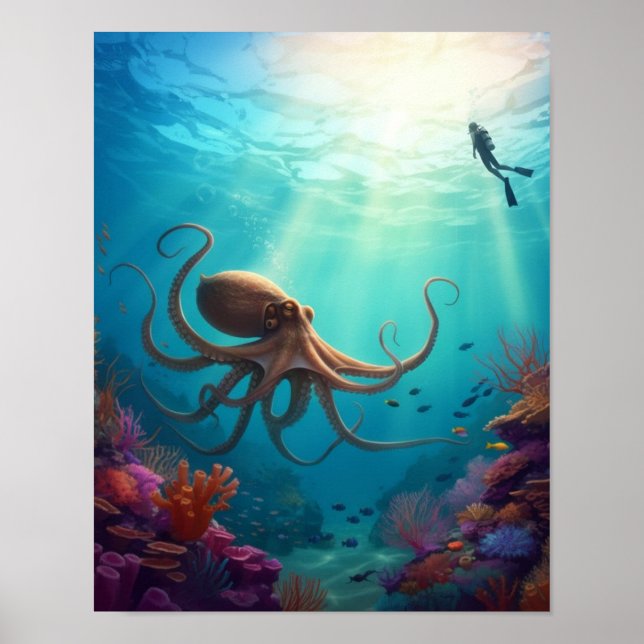 Havslevande varelse upptäcker en dykare poster (Framsidan)