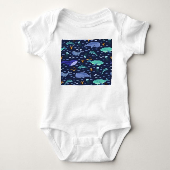 Havslevande varelser: valar, maneter mönster. t shirt (Framsida)