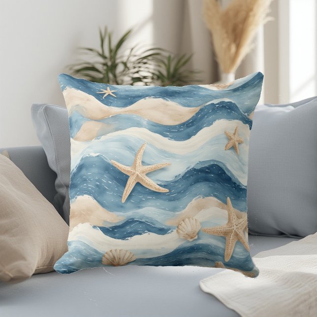 Havsliv Kusttidvatten Strandhus Hav Tyst Blå Kudde (Ocean Life Coastal Tides Beach House Sea Mute Blue Throw Pillow)