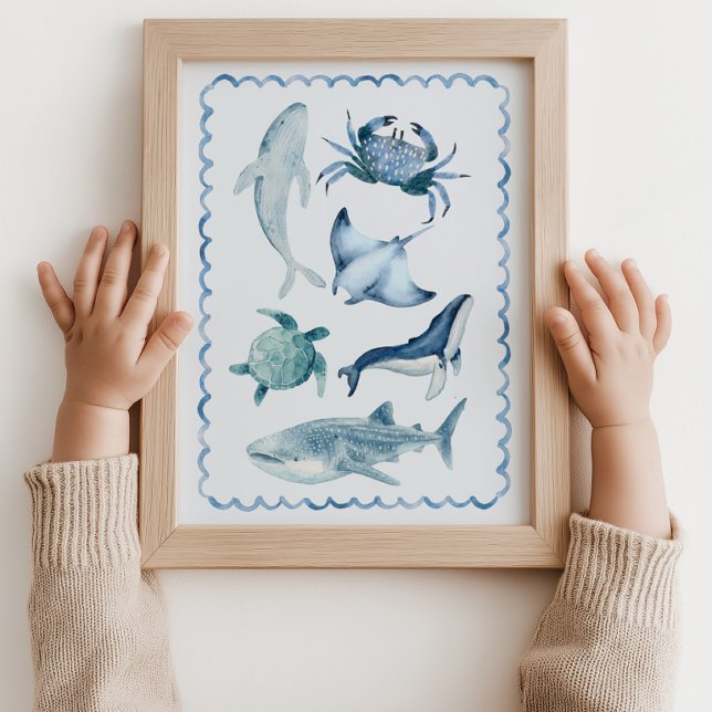 Havsliv Ocean Nursery Blå Väggkonstaffisch Poster (Sea Life Ocean crab shark Nursery Blue Wall Art Poster )