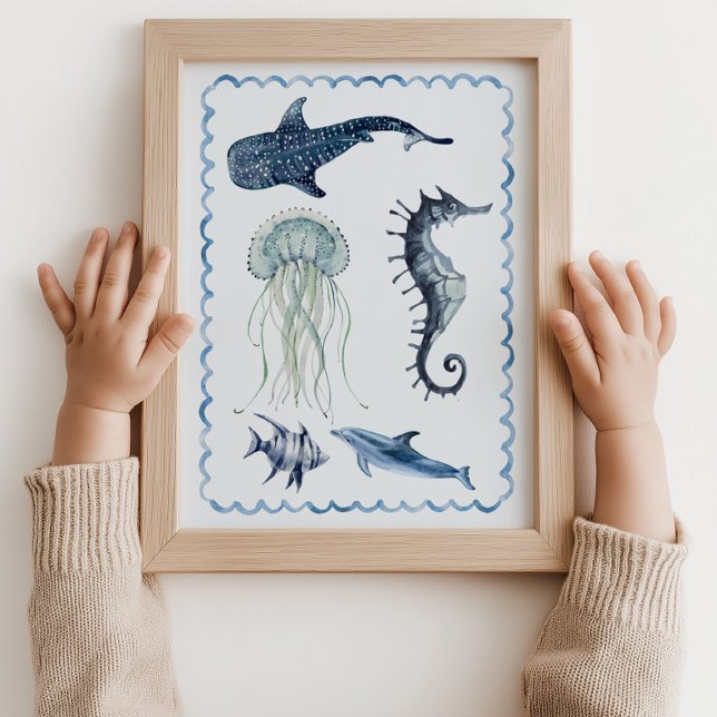 Havsliv Ocean Nursery Blå Väggkonstaffisch Poster (Sea Life Ocean seahorse jellyfish Nursery Blue Wall Art Poster )