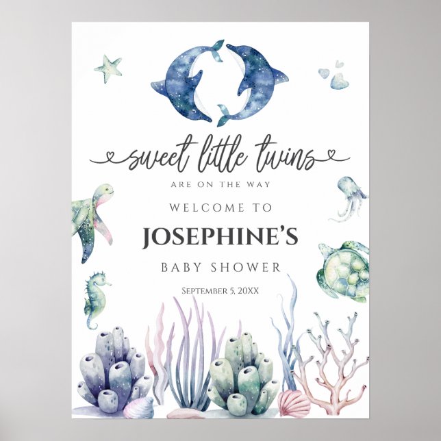 Havsliv Tvillingar Baby Shower Välkommen Poster (Framsidan)