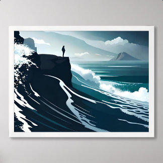 Havsmålning, storvåg, mörk nattklippstrand poster