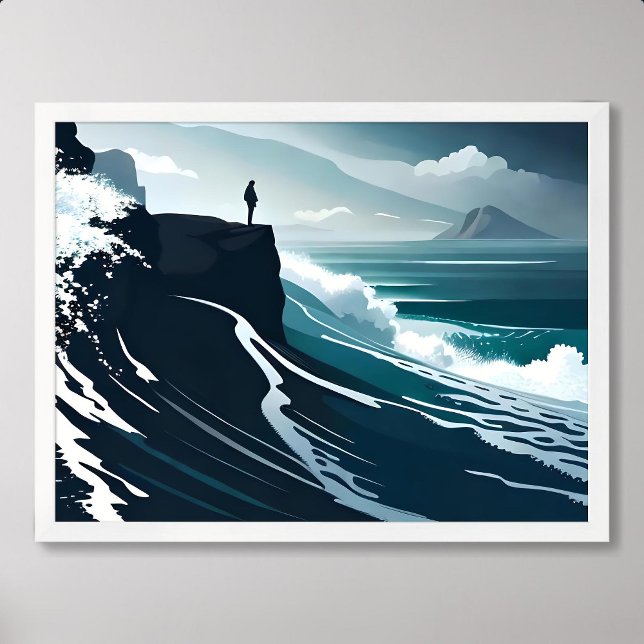 Havsmålning, storvåg, mörk nattklippstrand poster (sea painting big wave storm dark night cliff beach)