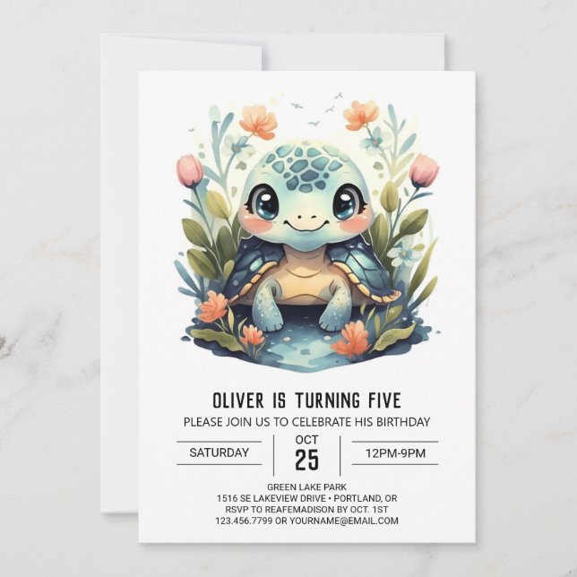 Havsmarina Lycklig Turtle Boy Birthday Inbjudningar (Framsida)