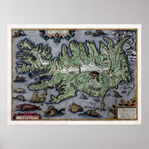 Havsmonster i Island 1585 Karta Poster