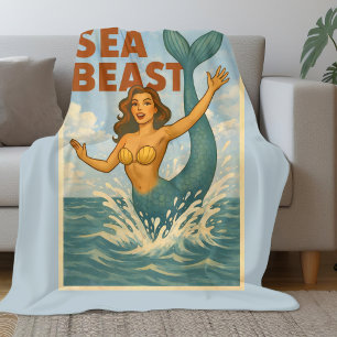 Havsmonster Retro Havfrue Rolig kuststrand blå Fleecefilt
