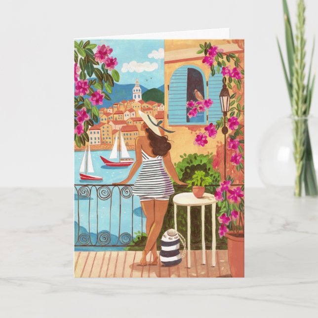 Havsnära Balkong Kvinna Illustration Konst Välkoms Kort (Framsida)