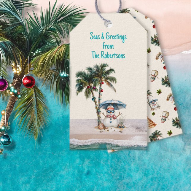 Havsområden och Hälsning Sand Snögubbe jul Presentetikett (Skapare uppladdad)