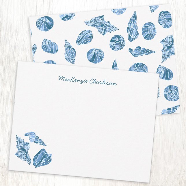 Havsskal Akvarell Kust Personlig Anteckningskort (Personalized custom script name watercolor sea shell nautical coastal blue white notecard stationery)