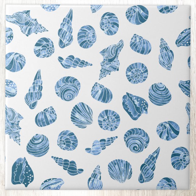 Havsskal Akvarell Marin Kustnära Blå Kakelplatta (Sea shell watercolor nautical coastal pattern blue and white ceramic tile)