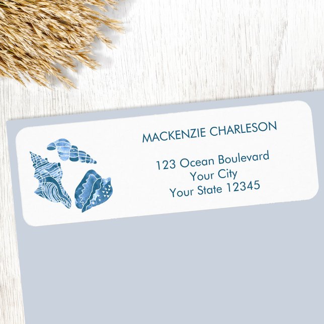 Havsskal Kust Returadressetikett Returadress Etikett (Sea shells blue and white watercolor beach coastal return address label)
