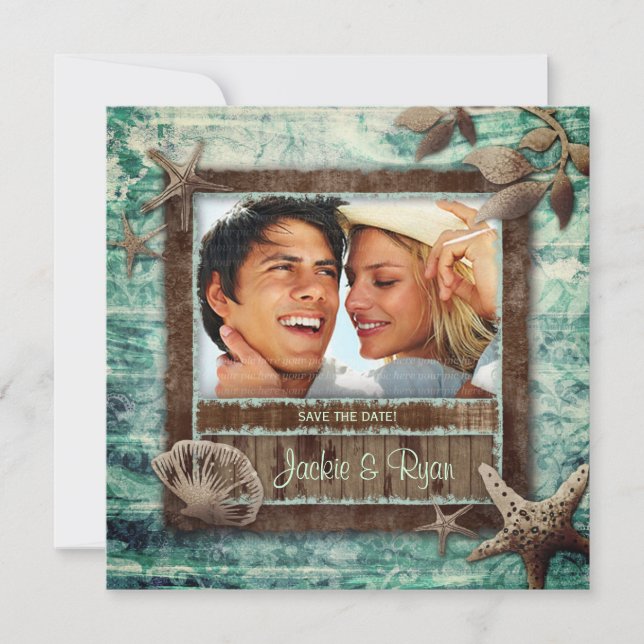 Havsskal Strand Bröllop Grön Inbjudan (Framsida)