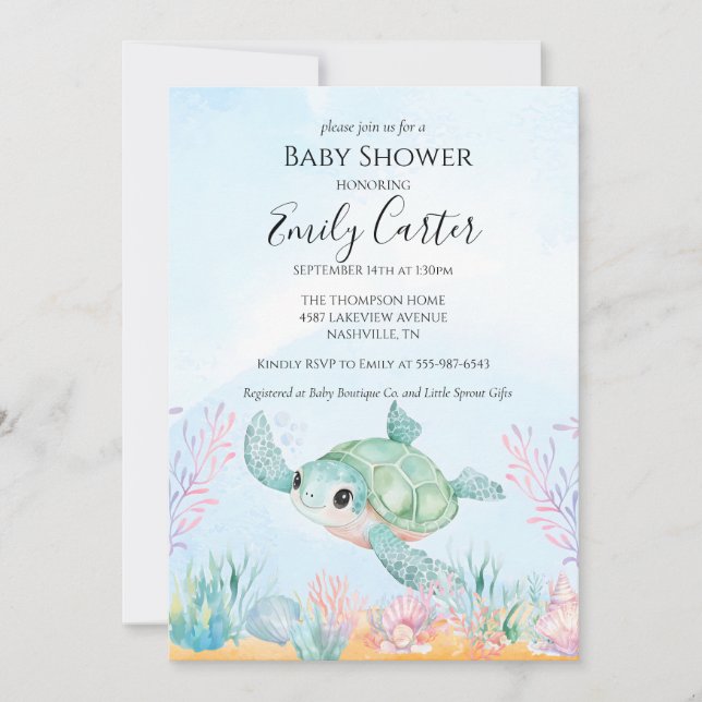 Havssköldpadda Baby Shower Inbjudan - Rosa (Framsida)