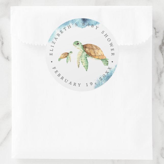 Havssköldpadda | Baby Shower-present för havstema Runt Klistermärke (Väska)