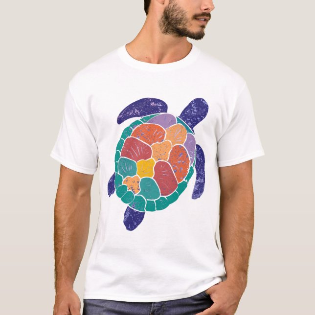 Havssköldpadda Färgrik Utsliten Stil Sköldpadda T Shirt (Framsida)